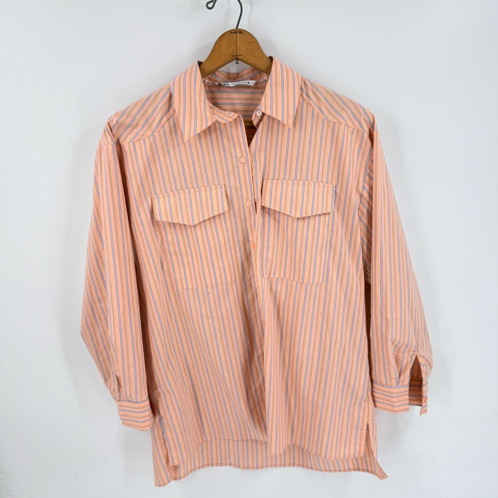Zara Striped Button Down Shirt Pink Small Preppy Coastal Workwear Classic Pastel
